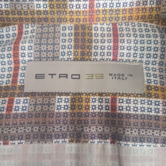 ETRO 39 SZ M Lightweight Cotton Men's Button Up Shirt, Red, Gold, Tan & Navy - Picture 6 of 15
